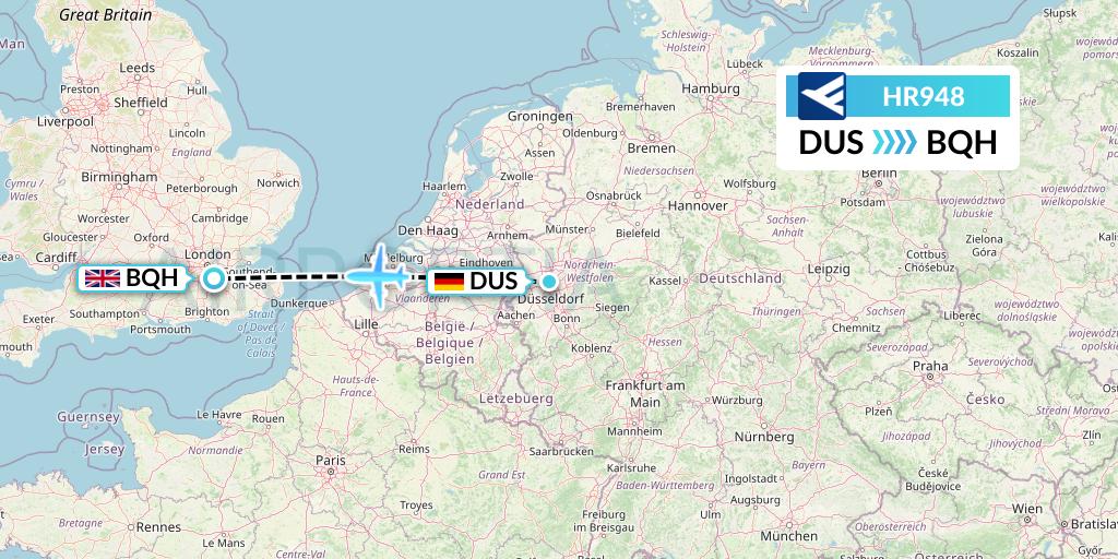 HR948 Hahn Air Flight Map: Dusseldorf to London