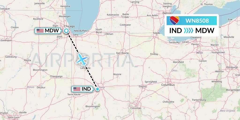 WN8508 Southwest Airlines Flight Map: Indianapolis to Chicago