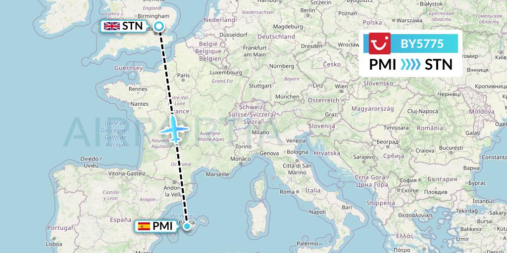 BY5775 TUI Airways Flight Map: Palma de Mallorca to London