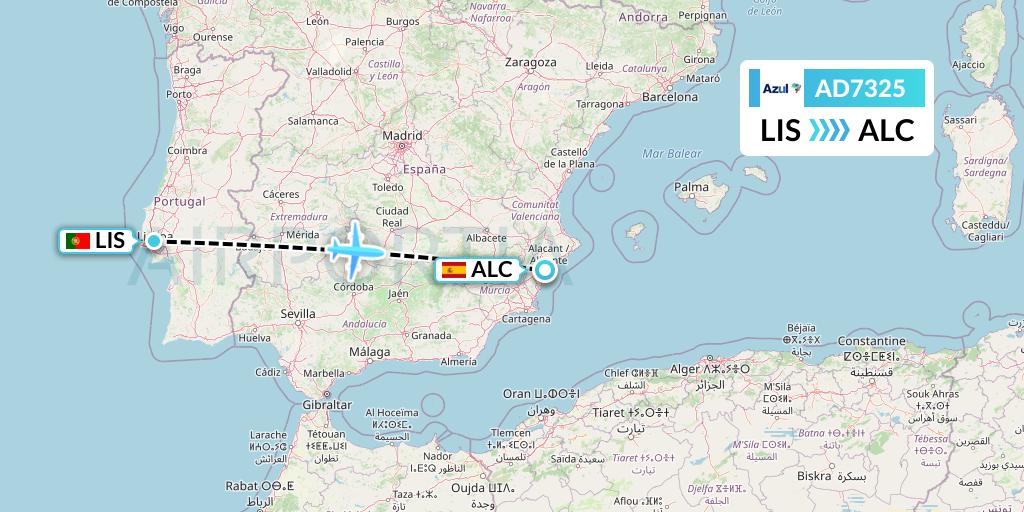 AD7325 Azul Brazilian Airlines Flight Map: Lisbon to Alicante
