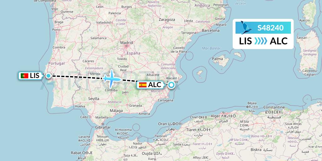 S48240 Azores Airlines Flight Map: Lisbon to Alicante