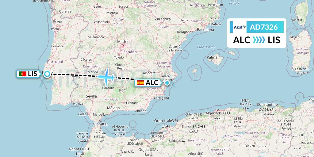 AD7326 Azul Brazilian Airlines Flight Map: Alicante to Lisbon