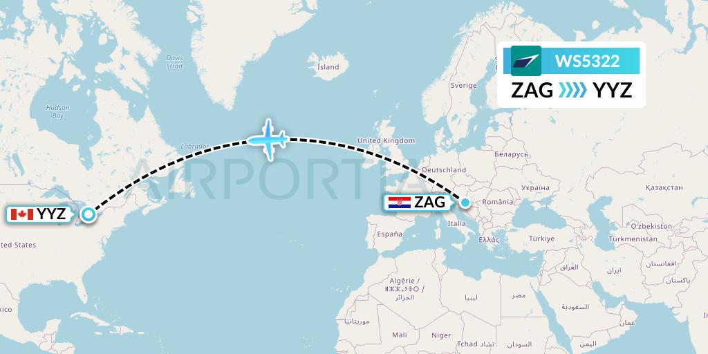 WS5322 WestJet Flight Map: Zagreb to Toronto