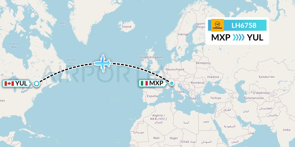 LH6758 Lufthansa Flight Map: Milan to Montreal