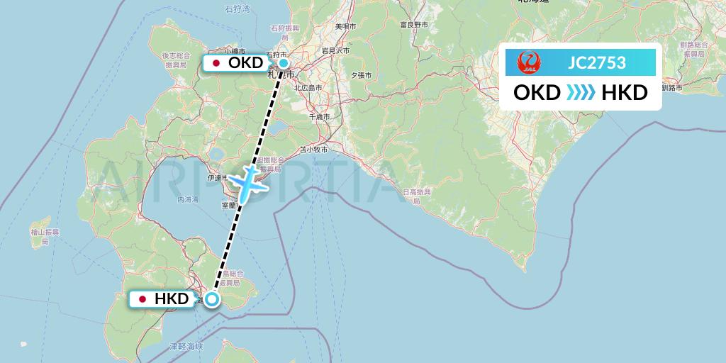 JC2753 Japan Air Commuter Flight Map: Sapporo to Hakodate