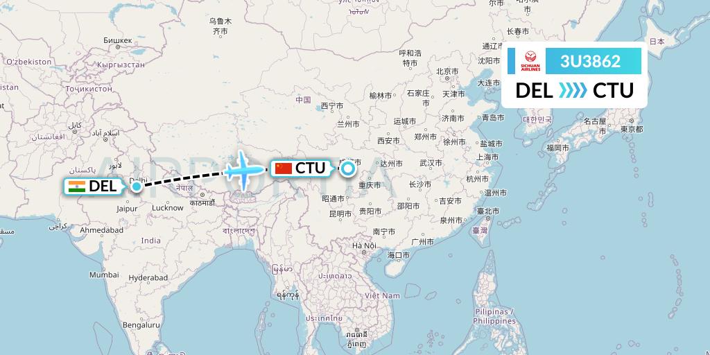 3U3862 Sichuan Airlines Flight Map: Delhi to Chengdu