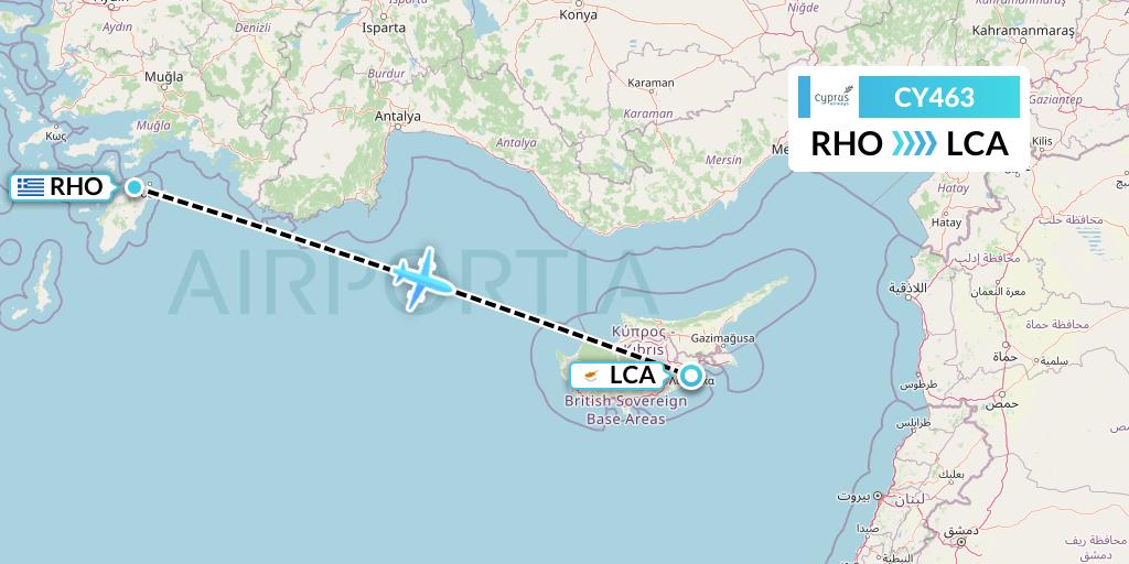 CY463 Cyprus Airways Flight Map: Rhodes to Larnaca