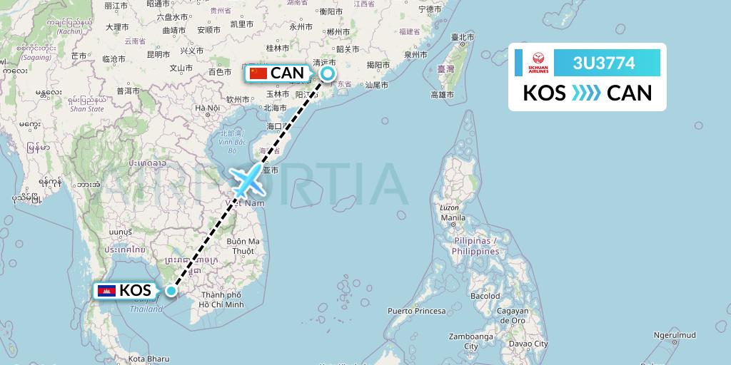 3U3774 Sichuan Airlines Flight Map: Sihanoukville to Guangzhou