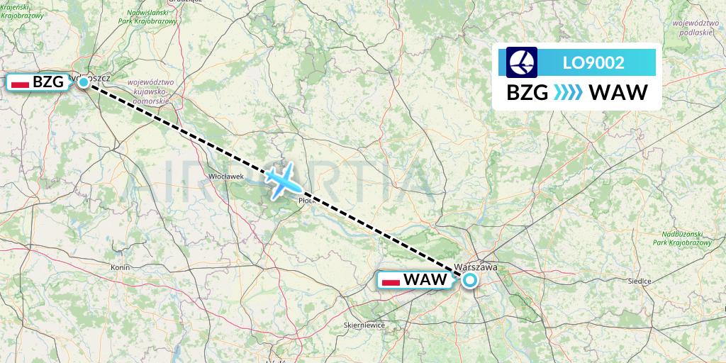 LO9002 LOT Flight Map: Bydgoszcz to Warsaw
