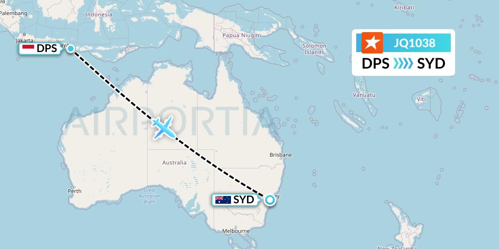JQ1038 Jetstar Airways Flight Map: Denpasar to Sydney