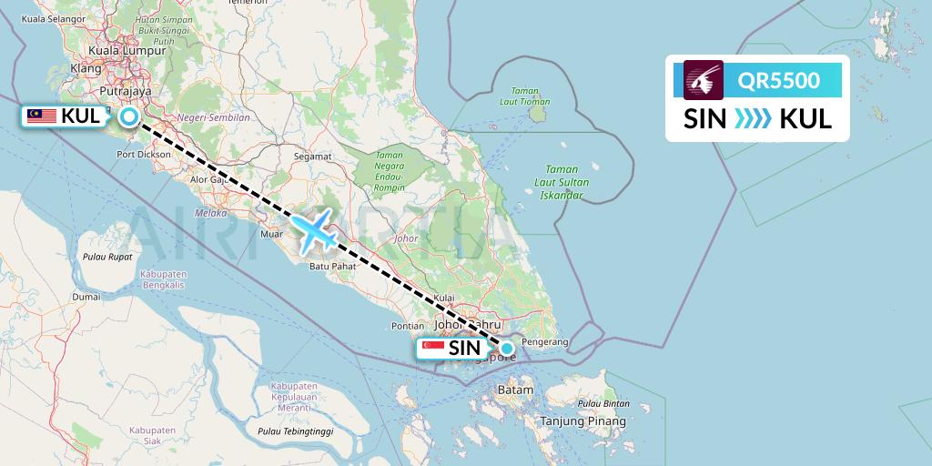 QR5500 Qatar Airways Flight Map: Singapore to Kuala Lumpur