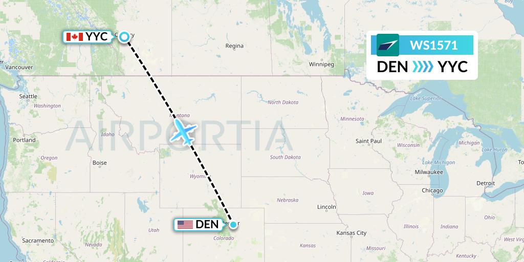 WS1571 WestJet Flight Map: Denver to Calgary