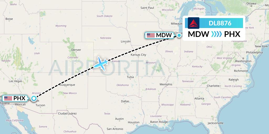 DL8876 Delta Air Lines Flight Map: Chicago to Phoenix
