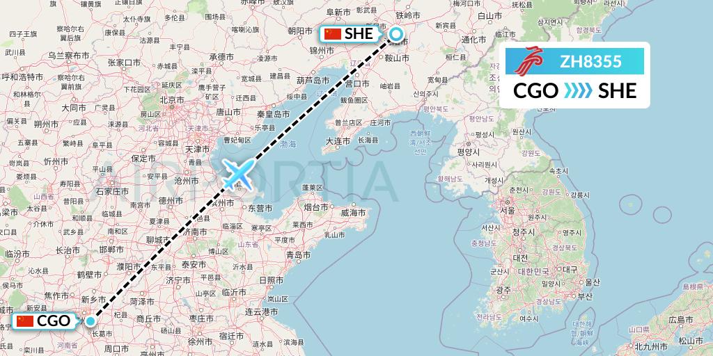 ZH8355 Shenzhen Airlines Flight Map: Zhengzhou to Shenyang