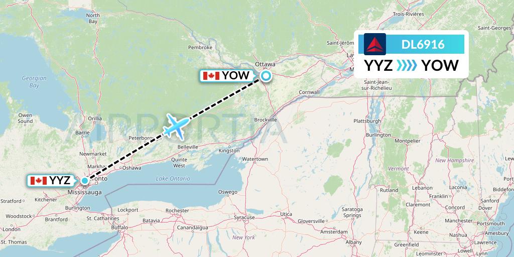 DL6916 Delta Air Lines Flight Map: Toronto to Ottawa