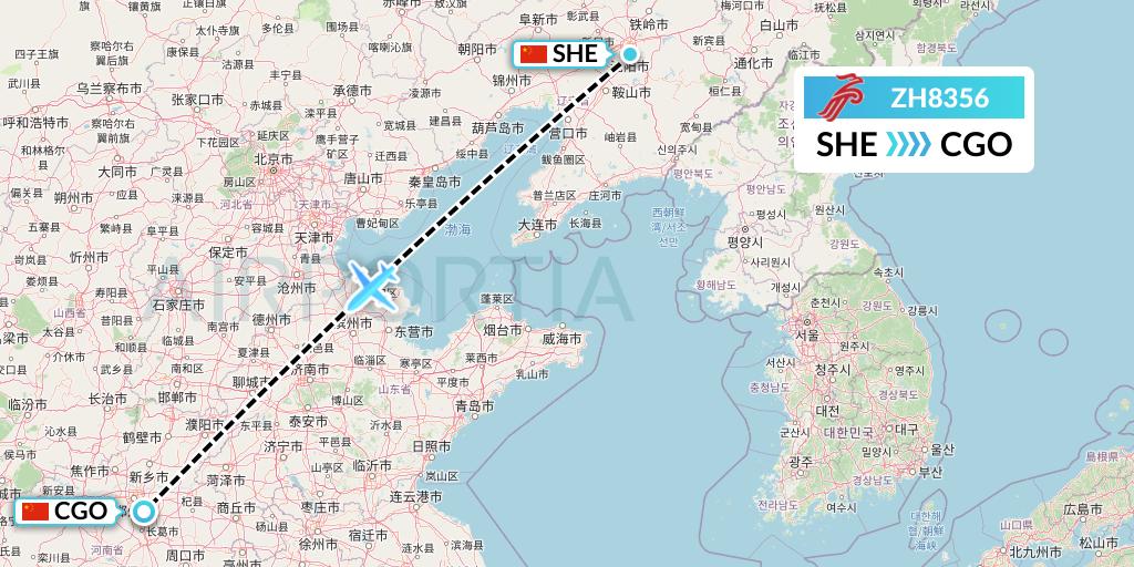 ZH8356 Shenzhen Airlines Flight Map: Shenyang to Zhengzhou