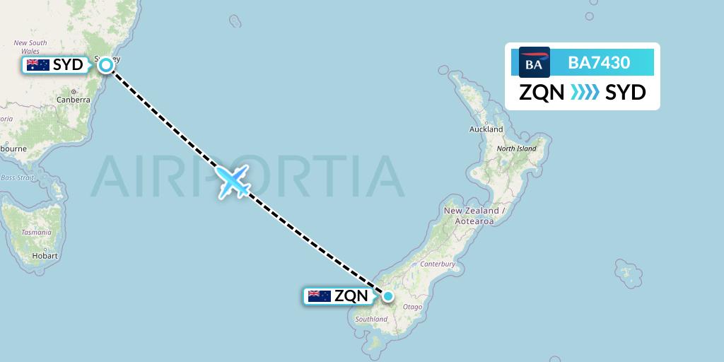 BA7430 British Airways Flight Map: Queenstown to Sydney