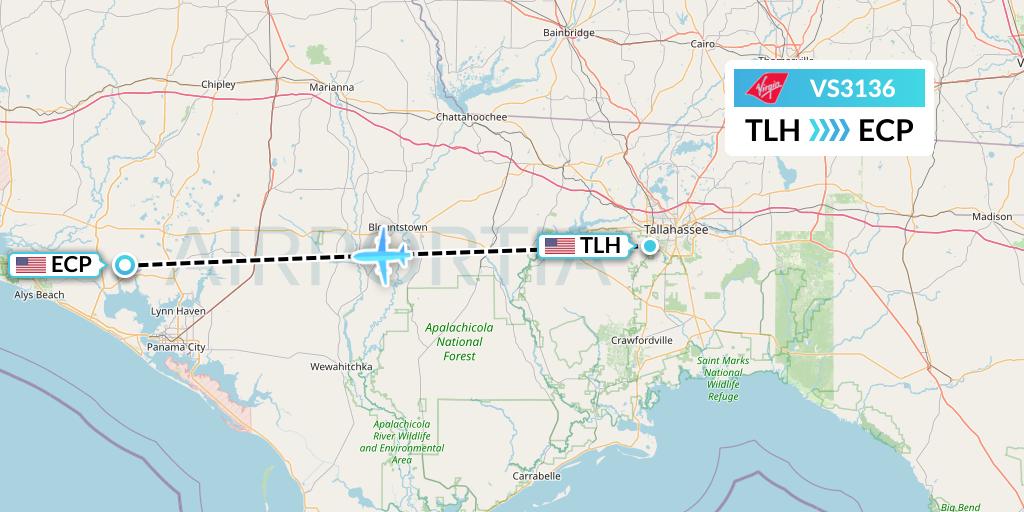 VS3136 Virgin Atlantic Airways Flight Map: Tallahassee to Panama City