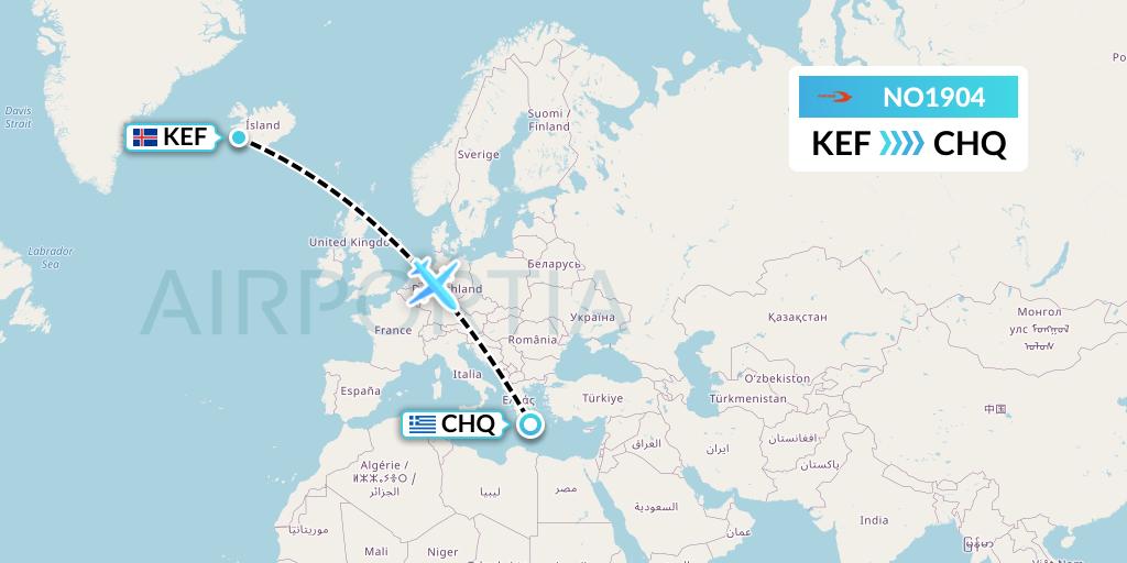 NO1904 Neos Flight Map: Reykjavik to Chania