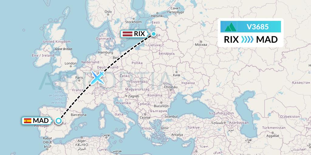V3685 Carpatair Flight Map: Riga to Madrid