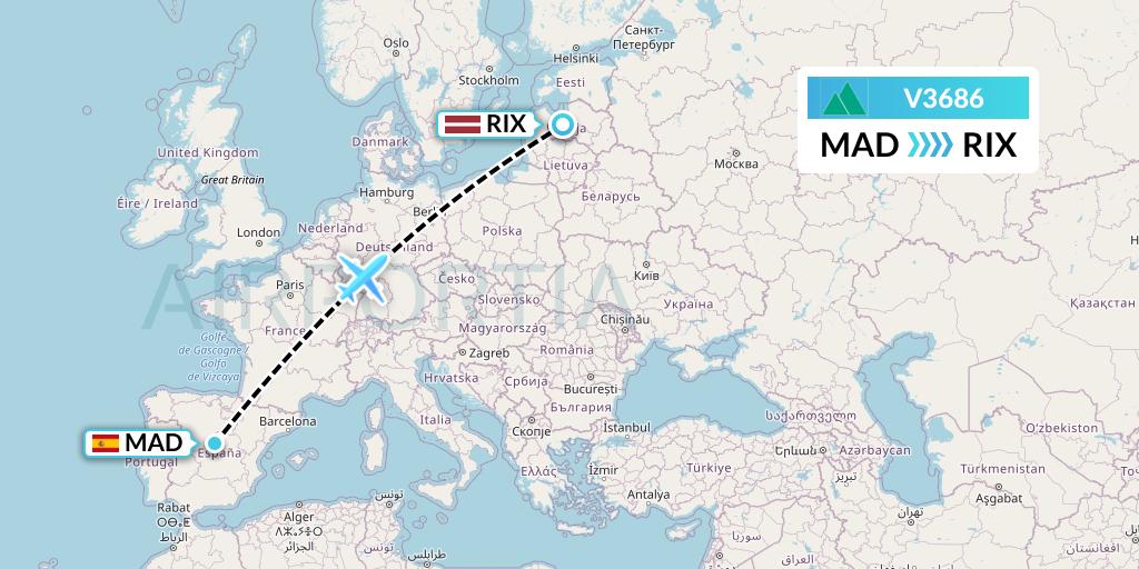 V3686 Carpatair Flight Map: Madrid to Riga