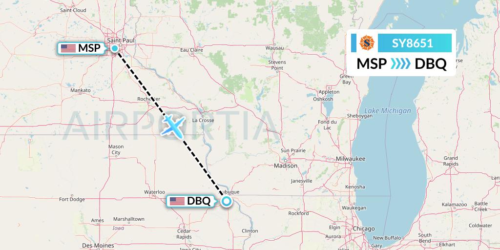 SY8651 Sun Country Airlines Flight Map: Minneapolis to Dubuque