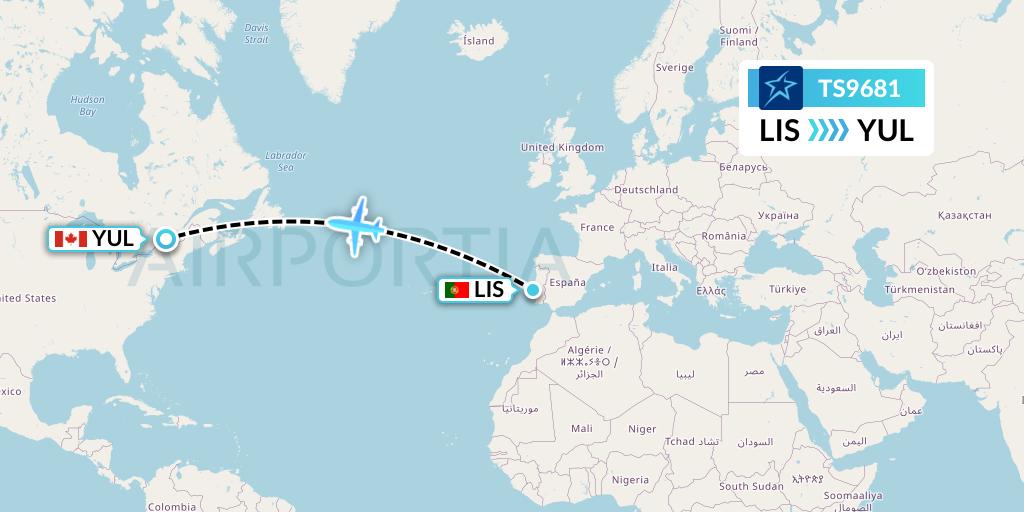 TS9681 Air Transat Flight Map: Lisbon to Montreal