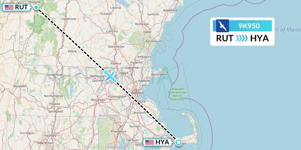 9K950 Cape Air Flight Map: Rutland to Hyannis