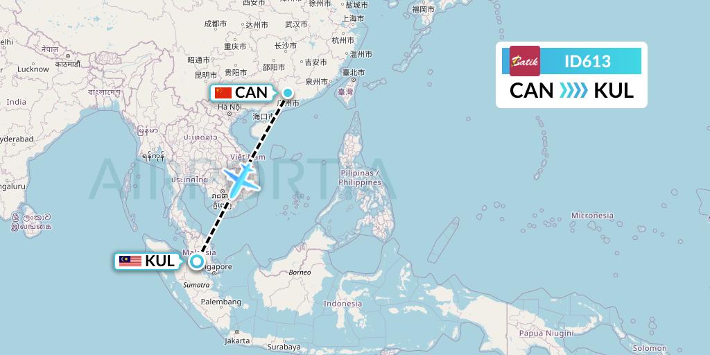 ID613 Batik Air Flight Map: Guangzhou to Kuala Lumpur