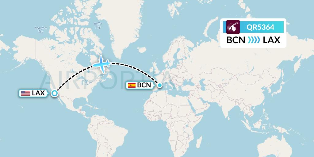 QR5364 Qatar Airways Flight Map: Barcelona to Los Angeles