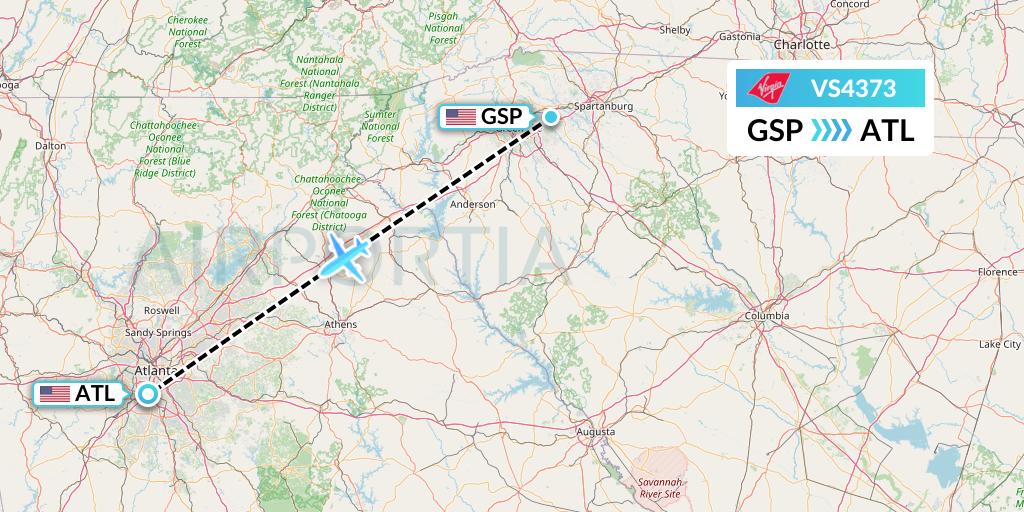 VS4373 Virgin Atlantic Airways Flight Map: Greenville-Spartanburg to Atlanta