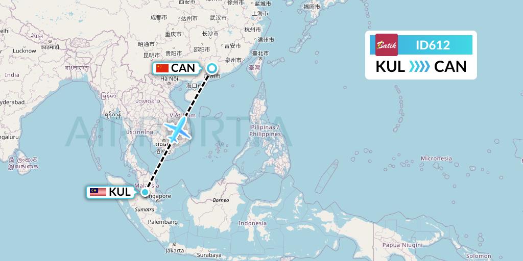 ID612 Batik Air Flight Map: Kuala Lumpur to Guangzhou