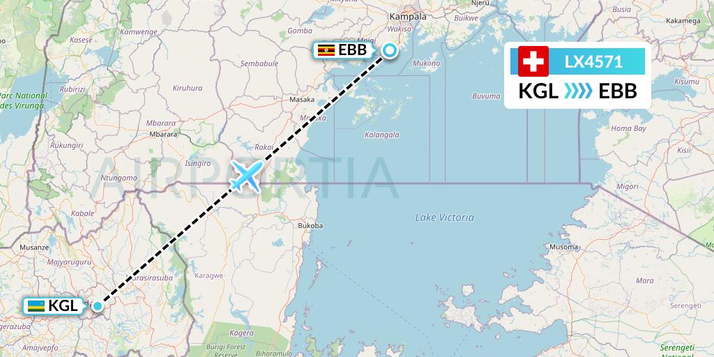 LX4571 Swiss Flight Map: Kigali to Entebbe