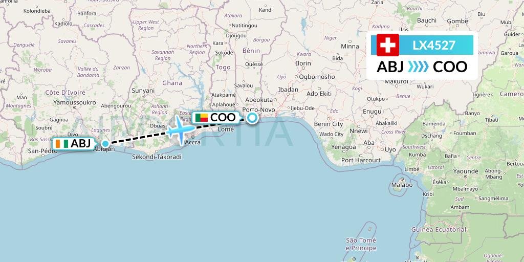 LX4527 Swiss Flight Map: Abidjan to Cotonou