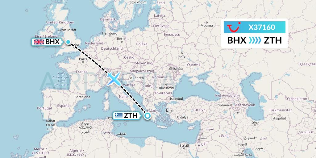 X37160 TUI fly Germany Flight Map: Birmingham to Zakynthos
