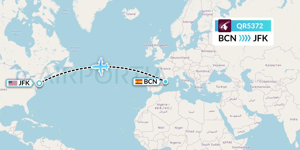 QR5372 Qatar Airways Flight Map: Barcelona to New York
