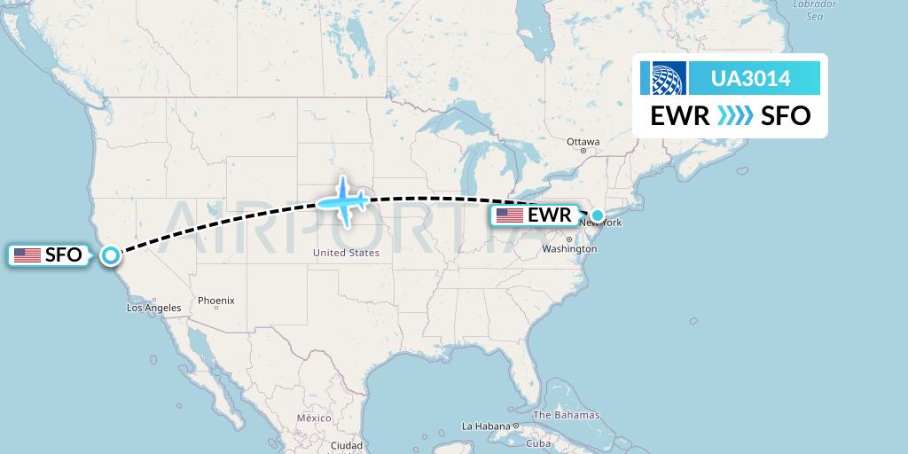 UA3014 United Airlines Flight Map: New York to San Francisco