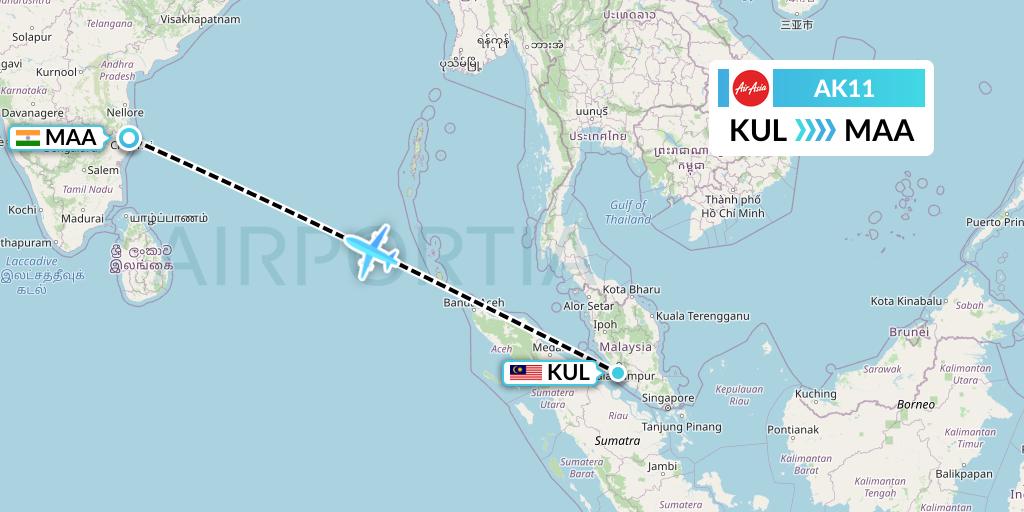 AK11 AirAsia Flight Map: Kuala Lumpur to Chennai
