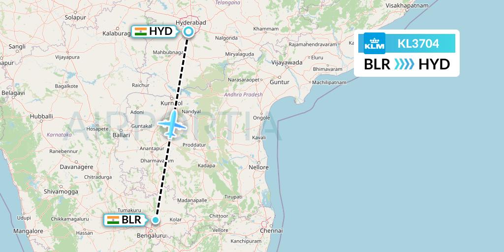 KL3704 KLM Flight Map: Bangalore to Hyderabad