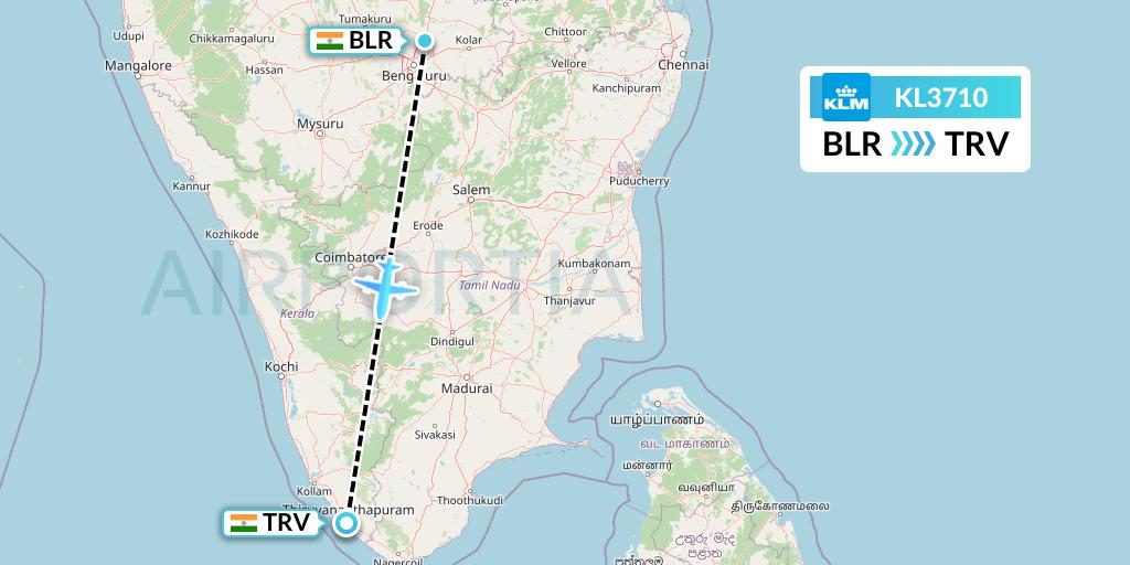 KL3710 KLM Flight Map: Bangalore to Thiruvananthapuram