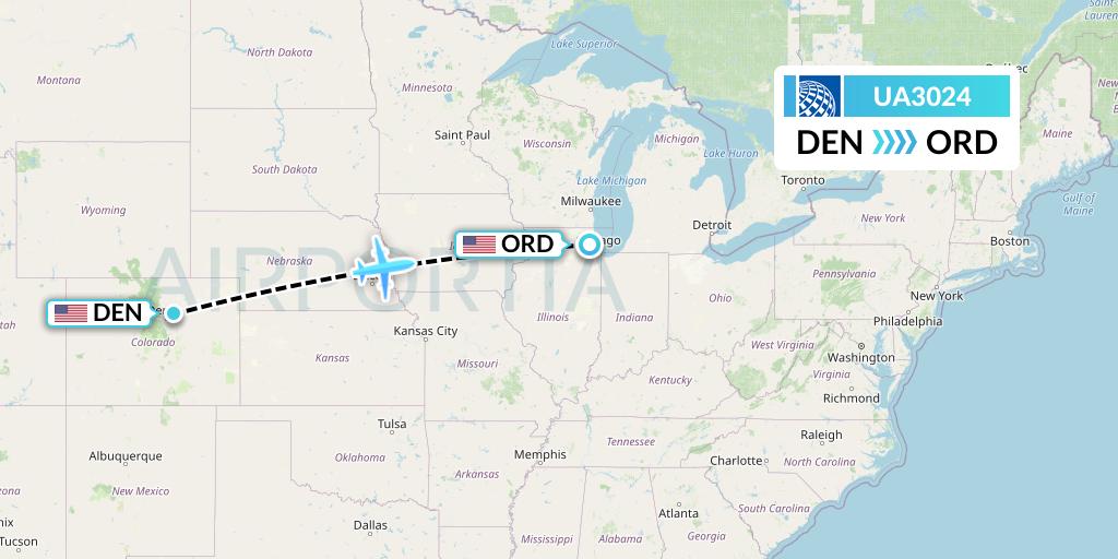 UA3024 United Airlines Flight Map: Denver to Chicago