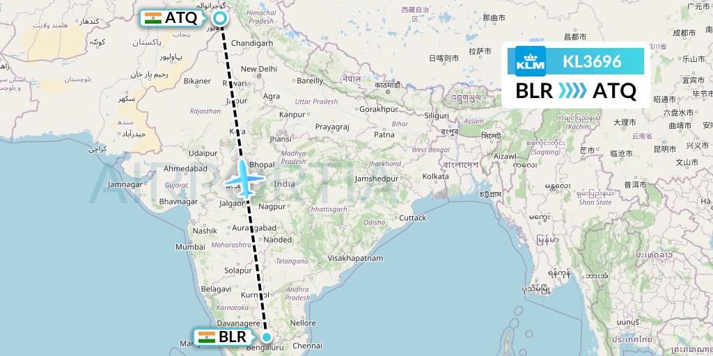 KL3696 KLM Flight Map: Bangalore to Amritsar