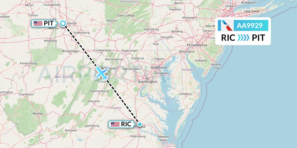 AA9929 American Airlines Flight Map: Richmond to Pittsburgh