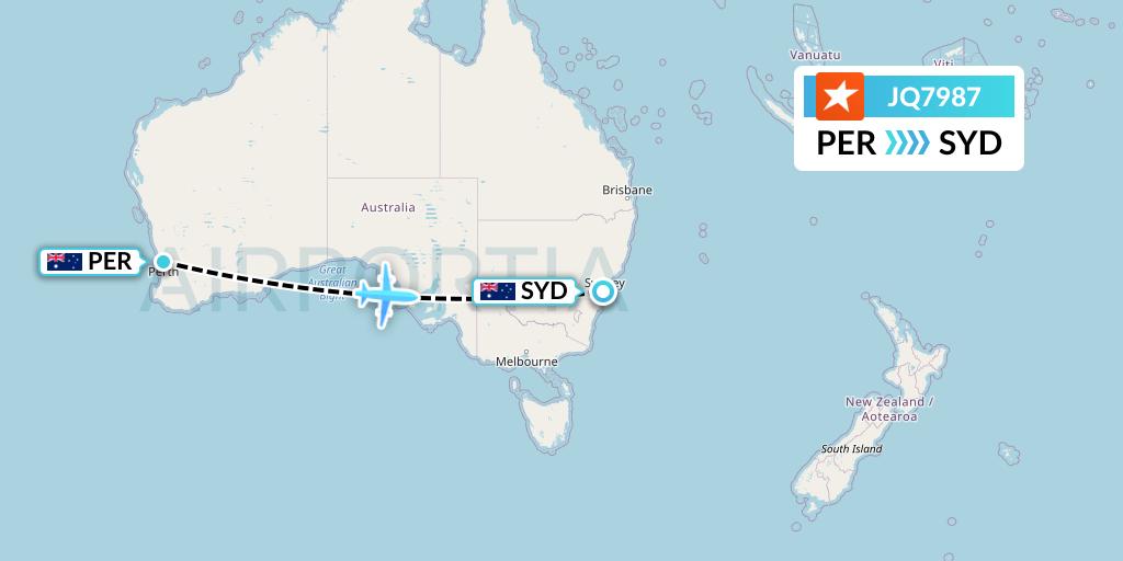 JQ7987 Jetstar Airways Flight Map: Perth to Sydney