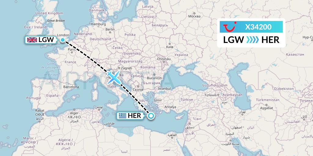 X34200 TUI fly Germany Flight Map: London to Heraklion