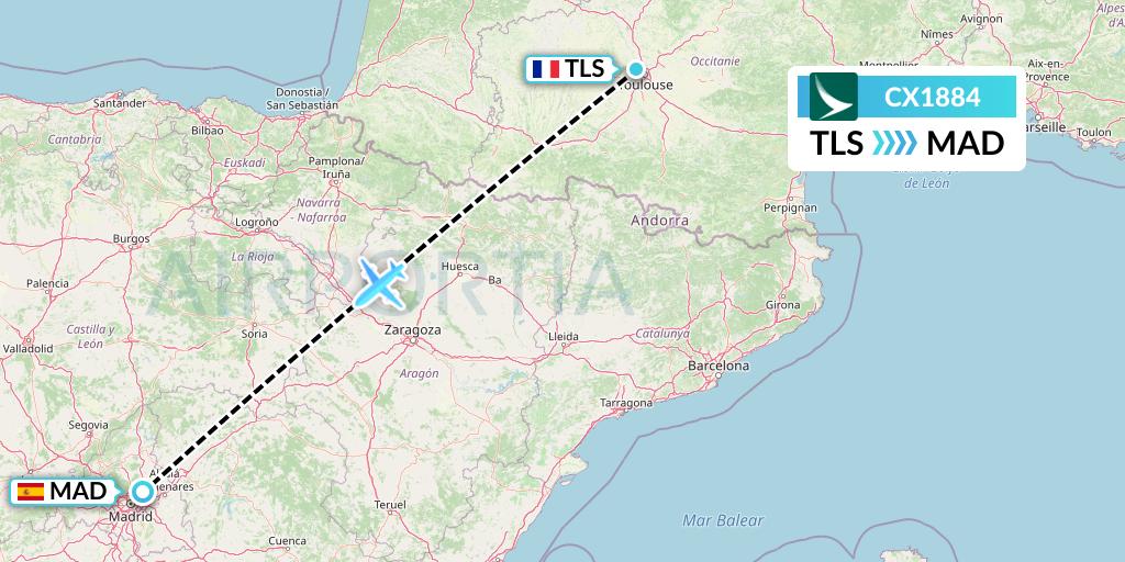 CX1884 Cathay Pacific Flight Map: Toulouse to Madrid
