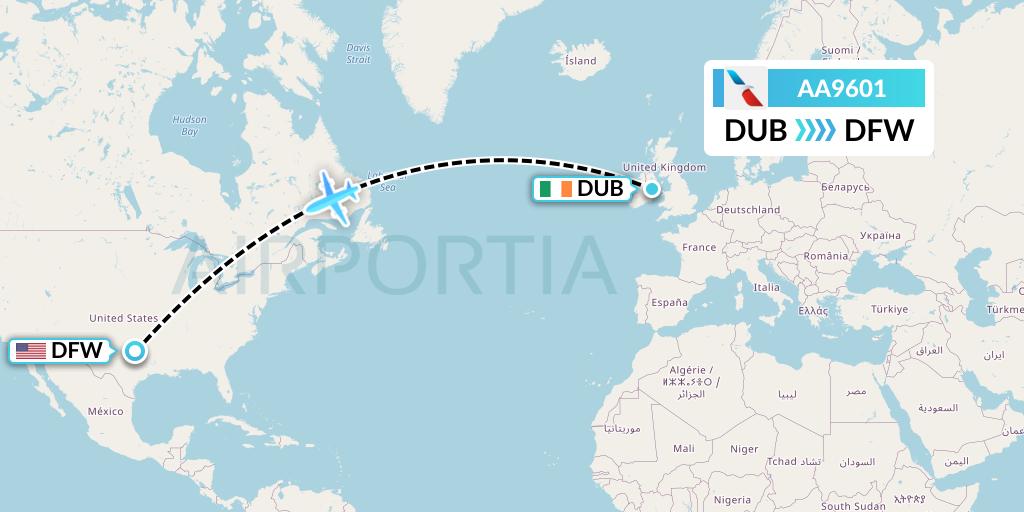 AA9601 American Airlines Flight Map: Dublin to Dallas