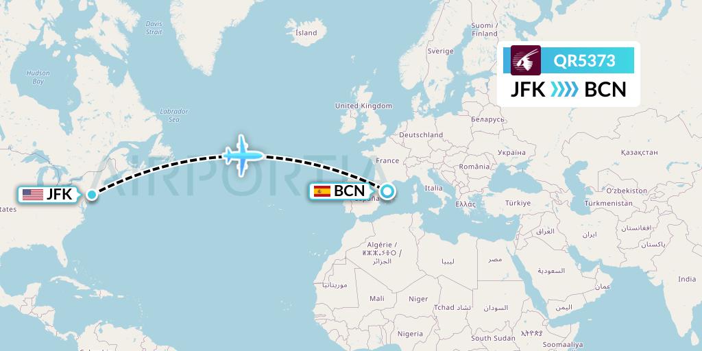 QR5373 Qatar Airways Flight Map: New York to Barcelona