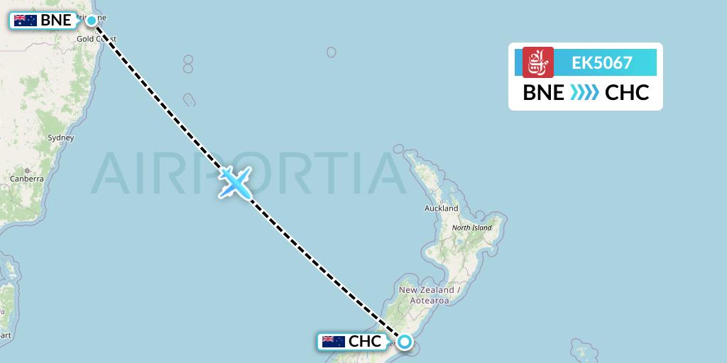 EK5067 Emirates Flight Map: Brisbane to Christchurch