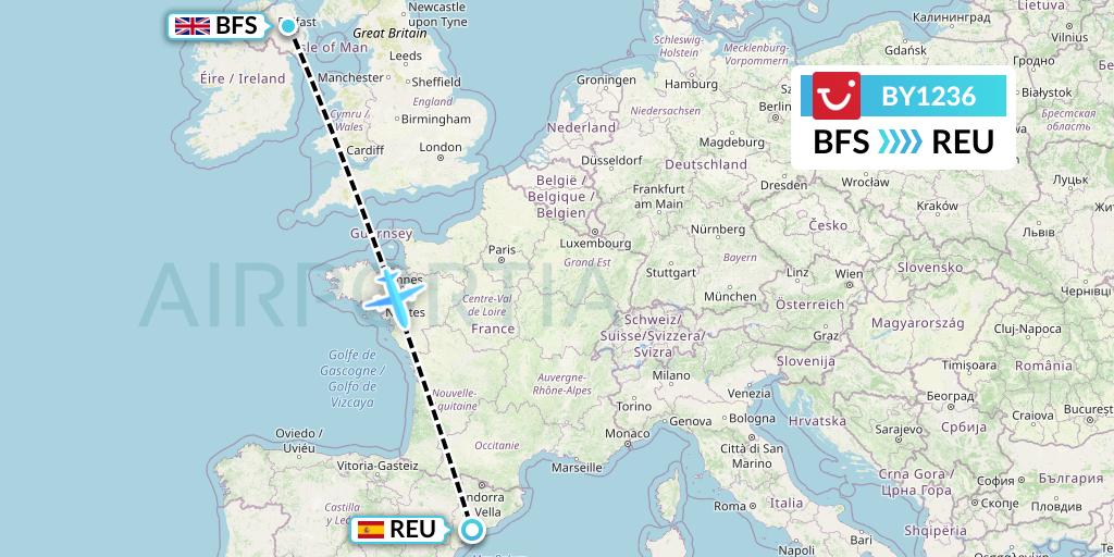 BY1236 TUI Airways Flight Map: Belfast to Reus